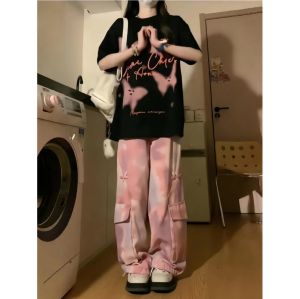 ชุดกีฬาลำลองสไตล์อเมริกันย้อนยุคสำหรับผู้หญิงในช่วงฤดูร้อน ชุดเสื้อยืดแขนสั้นผูกโบว์ลายผีเสื้อ + กางเกงขายาว ชุดสองชิ้น