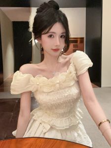 GUZILIAN | Korean Style High Waist Heavy Embellished 3D Flower Short Sleeve Top And Half Skirt Fashionable Two Piece Set One Shoulder Design