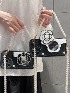 Luxury Silicone Lipstick Mirror Phone Case for Samsung with Card Holder Crossbody Pearl Chain Wallet Lightweight Handheld