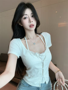 GUZILIAN | Lace Trim Halter Neck Short Sleeve T-Shirt