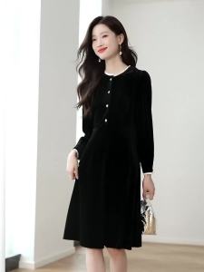 AMMIN 2024 Autumn new French vintage lace patchwork button round neck design long sleeve mid-length elegant A-line elegant dress