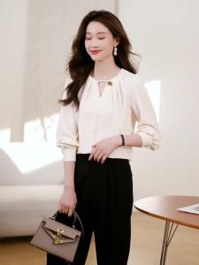 AMMIN 2025 Spring New Autumn Fashion Ruched Round Neck Simple Elegant Hollow Chiffon Blouse for Women Korean Style Beaded Button Design Long Sleeve Elegant Blouse