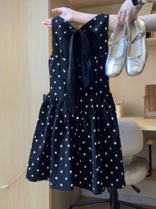 unifittoo | Dotted Black Bow Sleeveless Fitted A-line Short Dress