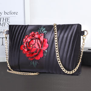Long Leather Clutch Bag Womens Handbag National Style Floral Pattern Soft Leather Small Square Bag Casual Shoulder Bag