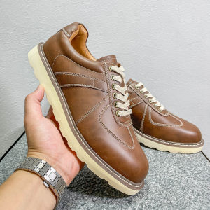 Retro Japanese Style Low-Top Mens Casual Sneakers Thick Bottom Heightening Leather Shoes Dequn Shoes Work Boots round Toe