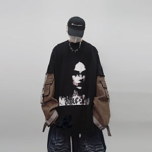 UUCSCC Vintage American High Street Hoodie Mens Loose Fit Crew Neck Sweatshirt with Print And Ripped Design for Youth