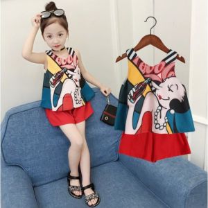 Setelan Anak Perempuan OLIVE Atasan tanpa Lengan Print Kartun set dengan Celana Pendek Import