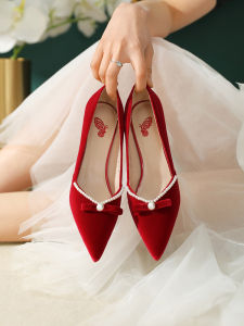 Red Wedding Shoes Womens New 2024 High Heel Elegant Chinese Style Marriage Shoes Butterfly Knot Embellished Pure Color Shoes
