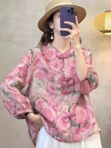 เสื้อเชิ้ตคอตตอนลินินพิมพ์ลายฤดูร้อนสำหรับผู้หญิง ทรงหลวม แขนยาวสามส่วน ทรงเข้ารูป สไตล์ย้อนยุค ทรงหลวม ทรงเข้ารูป