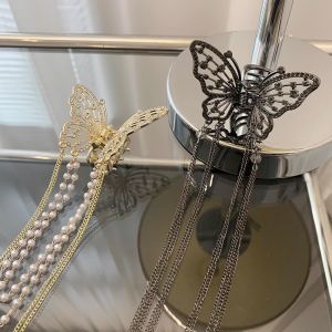 Metal Flash Diamond Hollow Butterfly Hair Clips Pearl Tassel Back Head Catch Shark Clip for Women Fashion Hair Pin Jewelry Hair Accessories