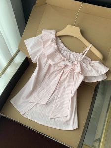 Áo Sơ Mi Nữ Tay Ngắn Kẻ Sọc Mùa Hè Thiết Kế Thắt Nút Bướm Ôm Vừa Vặn Phong Cách Đại Học Cổ Điển Thường Ngày