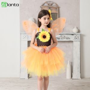 LOlanta 3Pcs Sunflower Fairy Costume Set for Girls Orange Sleeveless Princess Dress Butterfly Wings Tutu Dress Halloween Cosplay Performance 2-12 years