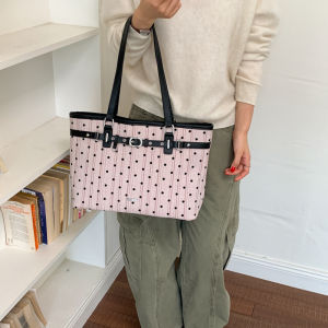 Retro Polka Dot Striped Tote for Women Large Capacity Shoulder Handbag with Belt Buckle Detail Casual Daily Commute Purse