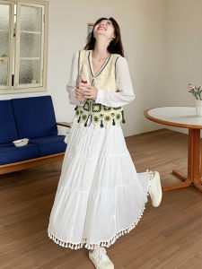 White Layered Vest Dress Womens Autumn 2025 High-End Feeling Forest System Long Dress Two-Piece Set Artistic Style A-Line Skirt