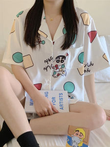 Cartoon Doraemon Summer Sleepwear Set Short Sleeve Shorts Womens Sweet Home Clothes Cartoon Print Lightweight Polyester