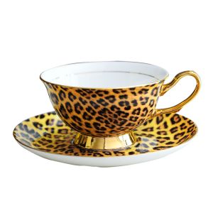 Royal porcelain leopard tea cup with saucer set ceramic luxury coffee cups dish with gold handle 200ml mugs
