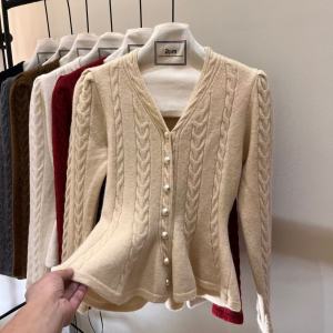 French V-Neck Knitted Sweater Coat Womens Autumn Winter New Style Pleated Hem Waist-Cinching Slim Open Cardigan Top