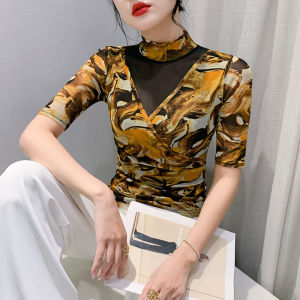 YIMEI 2023 Elastic Mesh Top Slim Fit Large Summer Short Sleeve Elegant Print T-shirt Women