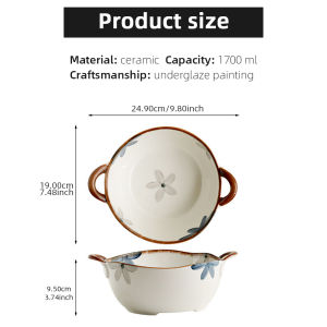 1500ml Household Noodle Bowl Ceramic Soup Bowl With Handle Salad Pasta Bowl Kitchen Tableware Microwave Oven Bakware