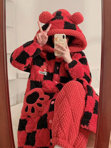 Red Thickened Coral Fleece Ladies Robe Long Winter Home Clothes Three-Layer Cotton Sandwich Luxury Style Youth Size for Autumn Winter