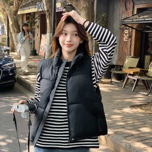 เสื้อกั๊กผ้าขนแกะทรงหลวมสไตล์เกาหลีสำหรับผู้หญิง ฤดูใบไม้ร่วง/ฤดูหนาว เสื้อคลุมกันหนาวคอตั้ง แขนยาว ปกติ