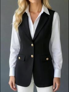 Womens Longline Blazer Vest Sleeveless Notched Lapel Suit Waistcoat with Gold Buttons for Business Office Outerwear Top