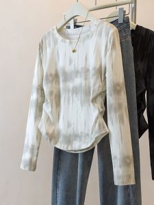 French Dyed Long Sleeve Base Shirt Women plus Size Slimming Waist Concealing Folded T-Shirt Upper Body Concealing Meat