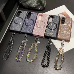 For Samsung Galaxy Z Fold 3 4 5 6 Luxury Glitter Shining Diamond Magnet Crystal Wrist Bracelet Strap Phone Case Cover
