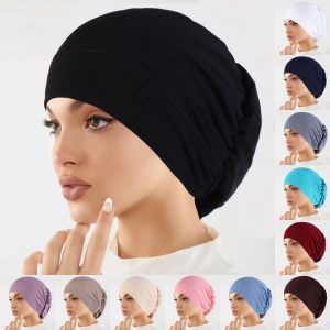 แฟชั่นผู้หญิงมุสลิม Hijabs นุ่มยืดสีทึบ Turban หมวก Chemo Beanies หมวก Headwear Headwrap อุปกรณ์เสริมผม