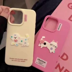3D PASTE Patch Cartoon Cat and Dog Phone Case for iPhone 12 13 14 15 16 PRO MAX casing Anti Fall Soft COVER FOR iphone16 Case