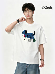 Grace Rub | Dog Embroidery Summer T-Shirt Retro Loose Round Neck