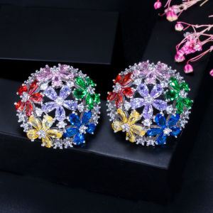 SEQUITO Delicate Hollow Out Cluster Flower Dangle Stud Earrings Platinum Platied Paved Multicolor AAA CZ Zirconia with 925 Sterling Silver Women Party Jewelry for Dress Accessories SE697