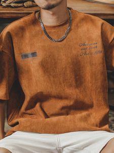 American-Style Short Sleeve T-Shirt Men Loose plus Size Print T Trendy Summer Easiest for Match Suede round Neck Mens T-shirt