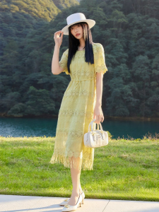 INLIFE | French Lace Square Neck Sash Belt Fringe Dress