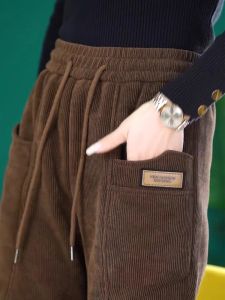 Cafe Brown Fleece Lined Straight Leg Womens Pants High Waist Elastic Waist Corduroy Slimming Trousers Long Casual Trousers