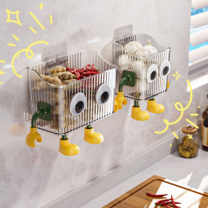 Kitchen Storage Box Wall Mounted Multi Functional Spice Rack Ginger Garlic Holder Hanging Basket Storage Organizer Shelf