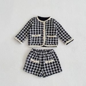 Two Piece Set For Spring And Autumn New Baby Boys And Girls Tweed Black Plaid Long Sleeved Shirt With Open Coat And Short Pant