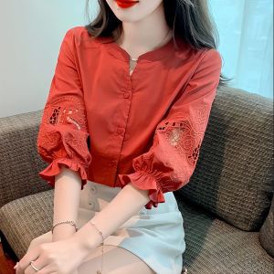 Embroidered Hollow out Bubble Sleeve Loose Fit Shirt Womens Summer Fashion Seven Quarter Sleeve Casual Style Polyester Fiber