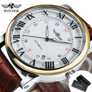 WINNER Fashion Minimalist Mechanical Watches Date Display Business Automatic Men Watch Casual Brown Leather Belt Male Wristwatch
