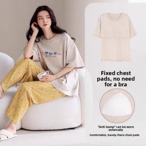 MiiOW | Pure Cotton Womens Summer Short Sleeve Long Pants Sleepwear with Built-in Padded Bra