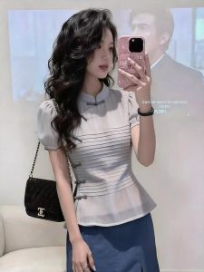 KUNAILIN | New Chinese Style Snap Button Grey Womens Blouse