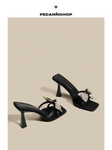 Pebandi Elegant Black Rhinestone Butterfly Knot Toe-Open High Heel Sandals Women Summer Outdoor Square Head Thin Heel Slippers