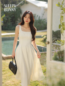 French Square Neck Strap Summer Waist Slimming High Waist Small Size White Dress