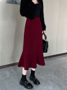 Red Hepburn Style Chenille Mermaid Dress Womens Spring & Fall New Arrival Small A- line Mid Length Long Length Sheath Skirt