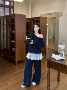 ชุดสามชิ้นแฟชั่นลำลองผู้หญิง ชุดสเวตเตอร์คอวีลูกไม้ ชุดกระโปรงขากว้างเอวสูง ชุดฤดูใบไม้ร่วงและฤดูหนาว ชุดลำลอง