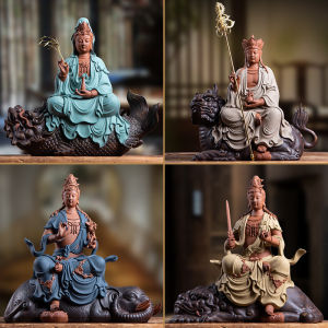 Purple Sand Avalokitesvara Tibetan Manshu Samantabhadra Bodhisattva/Buddha Statue Decoration Home Worship Three Saints of Huayan