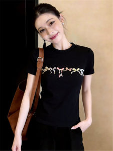 Fashionable Versatile Black Bowknot Print T-Shirt