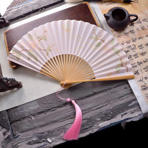 Water-Mark Dance Fan Womens Style Summer Folding Bamboo Fan with Chrysanthemum for Qipao Traditional Chinese Hanfu Costume