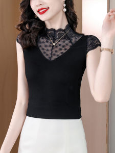Ladies Knitted Lace Patchwork Vest Half High Collar Short Sleeve Slim Fit Inner Wear Fashionable Top Spring New Style