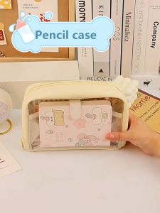 Clear Front 90° Open Multilayer Large Capacity Pencil Case Student Beige Cloth Pen Bag School Stationery Organizer Supply Pouch